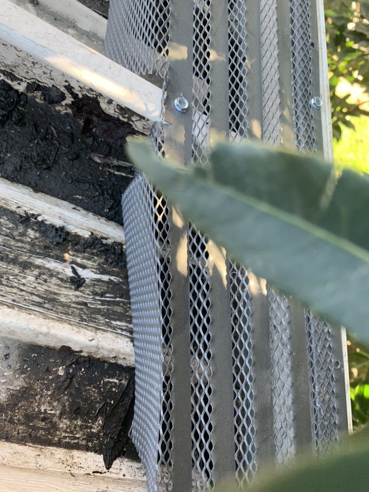 Close-up of bird netting clipped to the frame of a solar panel