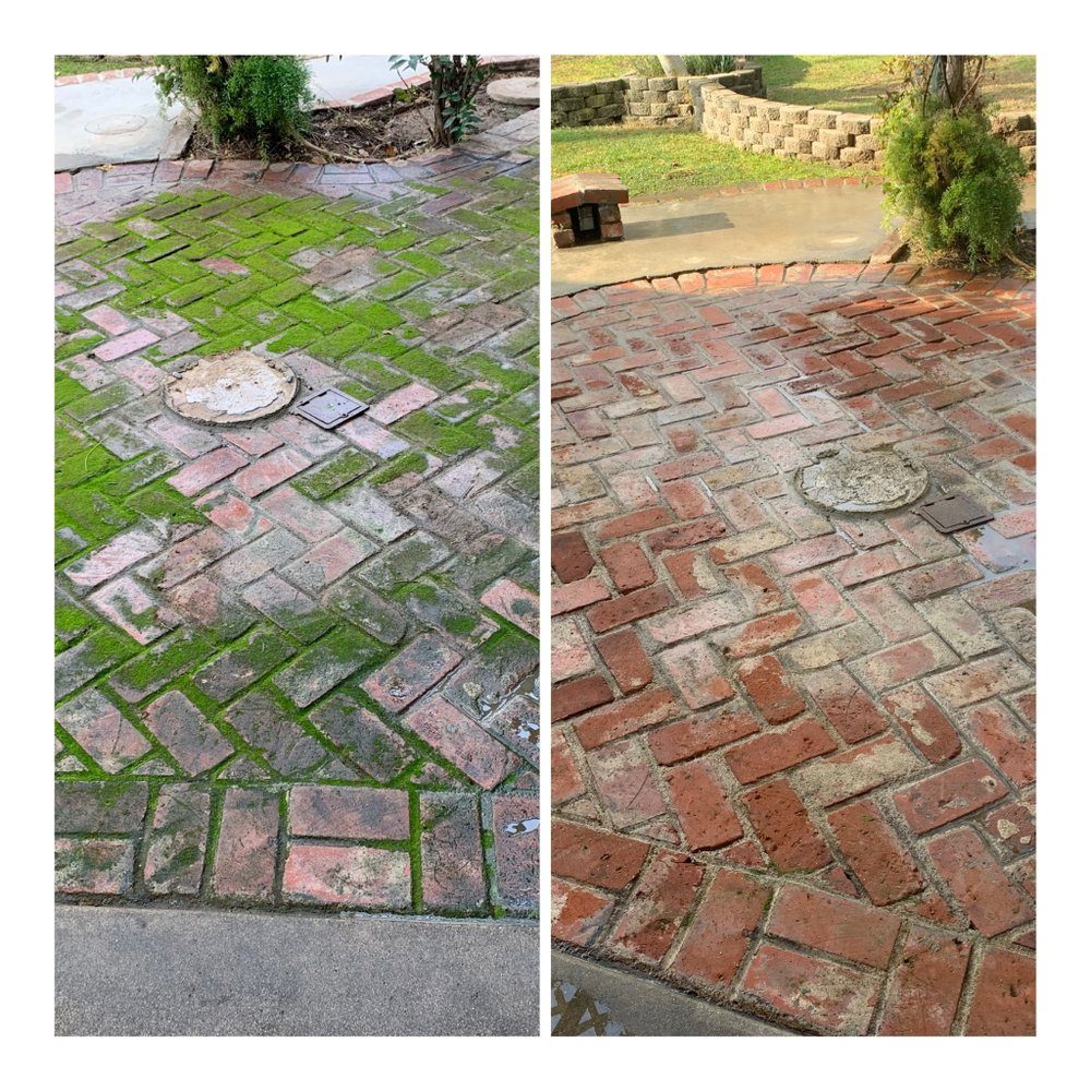 Before and after of a mossy brick patio pressure washed clean