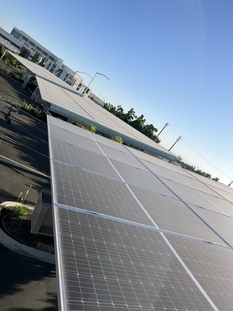 Commercial solar carport with 600 panels cleaned by Primetime Services in Fresno