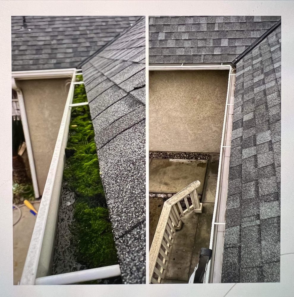 Before and after of a gutter packed with debris then cleared