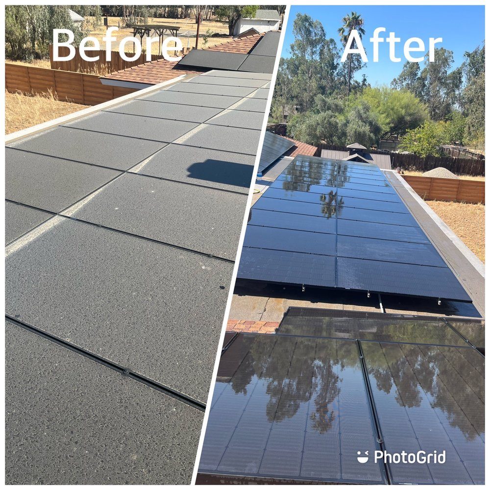 Before and after comparison of a dusty solar array and the same array cleaned