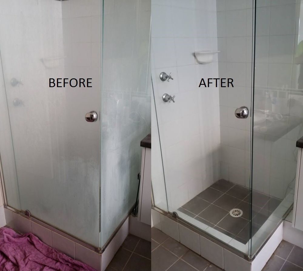 Shower glass before and after hard water spot removal