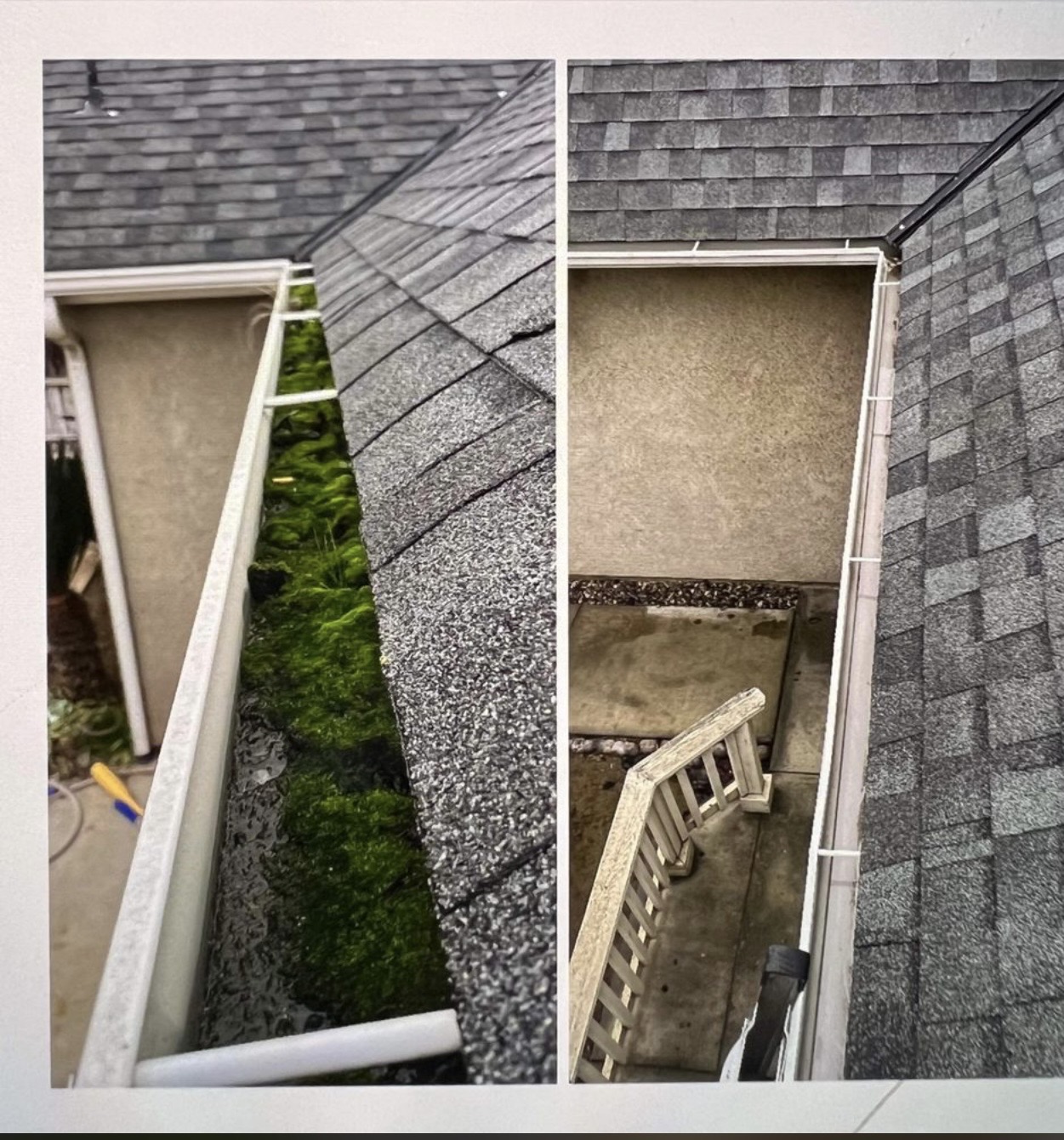 Before and after of a Fresno rain gutter packed with moss then cleared to bare metal